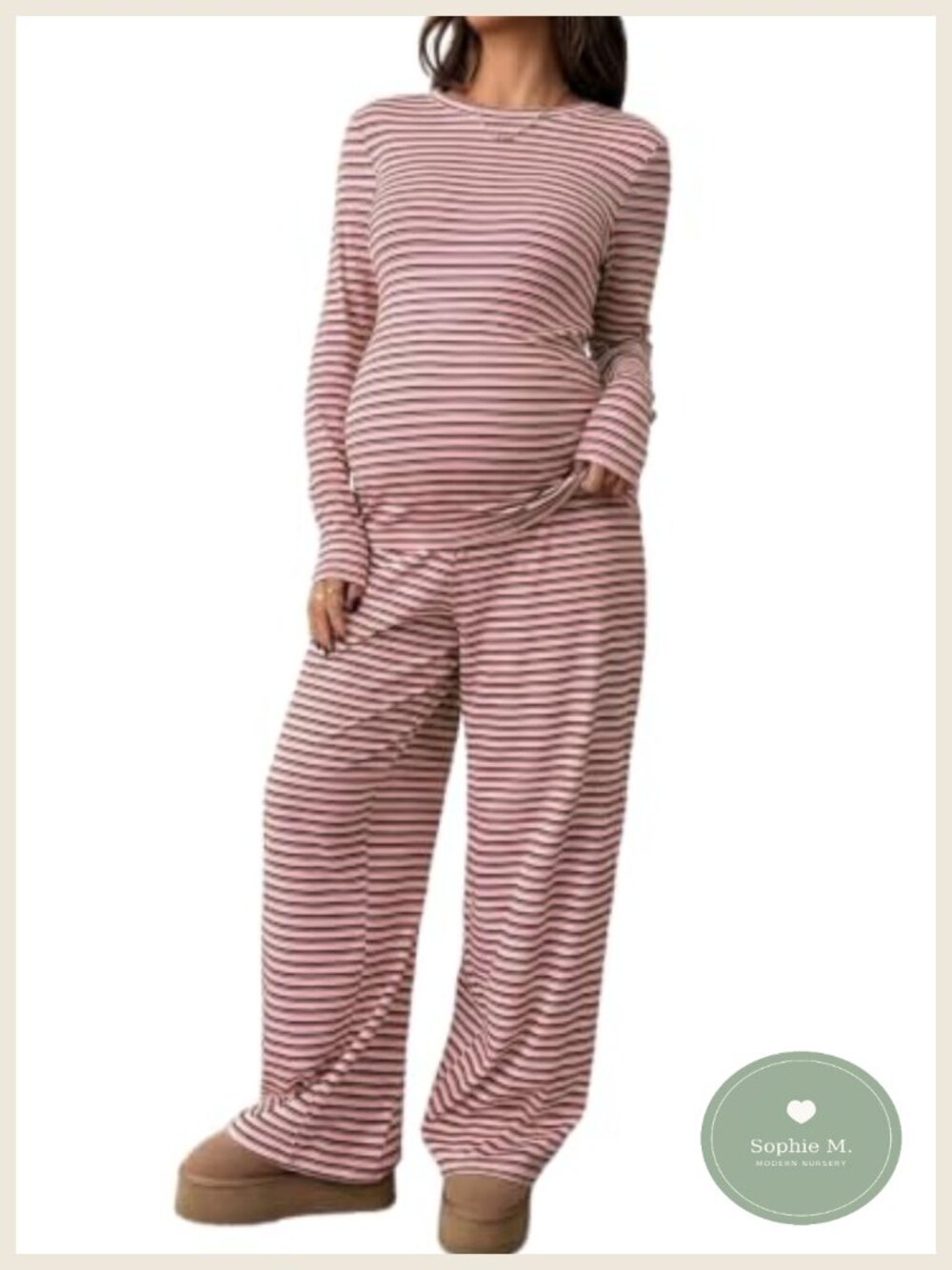 Maternity 2 Piece Set Striped Long Sleeve Tee & Wide Leg Pants Lounge Sleepwear